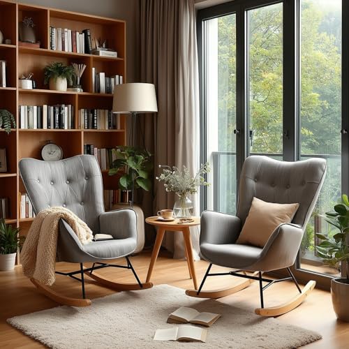MEUBLE Cosy Schaukelstuhl 2er Set, Bequemer Relaxsessel, Schaukelsessel für Wohnzimmer aus Stoff mit Holz und Metallfüßen, Knopfdekoration MEUBLE Cosy Schaukelstuhl 2er Set, Bequemer Relaxsessel, Schaukelsessel für Wohnzimmer aus Stoff mit Holz und Metallfüßen, Knopfdekoration von MEUBLE COSY