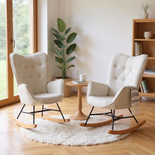 MEUBLE Cosy Schaukelstuhl 2er Set, Bequemer Relaxsessel, Schaukelsessel für Wohnzimmer aus Stoff mit Holz und Metallfüßen, Knopfdekoration von MEUBLE COSY