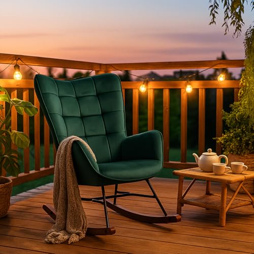 MEUBLE Cosy Schaukelstuhl Garten, Relaxsessel für überdachte Terrasse und Balkon, Skandinavisches Design mit Holz und Metallfüßen, Samt Nicht wasserdicht von MEUBLE COSY