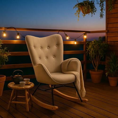 MEUBLE Cosy Schaukelstuhl Garten, Relaxsessel für überdachte Terrasse und Balkon, Skandinavisches Design mit Holz und Metallfüßen, Stoff Nicht wasserdicht von MEUBLE COSY