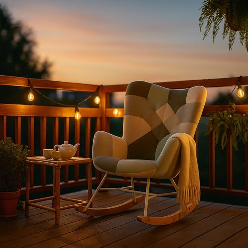 MEUBLE Cosy Schaukelstuhl Garten, Relaxsessel für überdachte Terrasse und Balkon, Skandinavisches Design mit Holz und Metallfüßen, Stoff Nicht wasserdicht von MEUBLE COSY