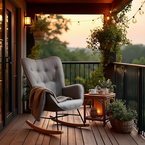MEUBLE Cosy Schaukelstuhl Garten, Relaxsessel für überdachte Terrasse und Balkon, Skandinavisches Design mit Holz und Metallfüßen, Stoff Nicht wasserdicht von MEUBLE COSY