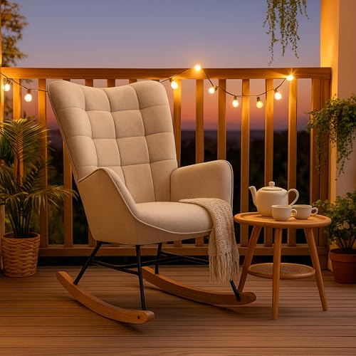 MEUBLE Cosy Schaukelstuhl Garten, Relaxsessel für überdachte Terrasse und Balkon, Skandinavisches Design mit Holz und Metallfüßen, Stoff Nicht wasserdicht von MEUBLE COSY