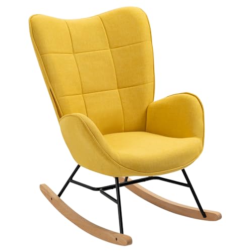 MEUBLE COSY Schaukelstühle Schaukelsessel Schwingstuhl Sessel mit Armlehnen und gepolsterter Sitzfläche für Wohnzimmer Schlafzimmer, Balkon, Metallgestell und Holzkufen, Stoff, Gelb von MEUBLE COSY
