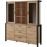 Buffet- und Hütchenset mit LED-Beleuchtung, Kollektion tivora Möbelstück mit 4 Türen, 3 Schubladen. Farbe Eiche und Schwarz von MEUBLORAMA