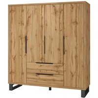Holzschrank im skandinavischen Stil, 190 cm, mit 4 Türen und 2 Schubladen in roher Eichenfarbe. Kollektion milos von MEUBLORAMA
