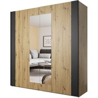 Kleiderschrank 200cm. 2 Schiebetüren mit Spiegeln in hell Eichenfarbe und Schwarz. Kollektion FOX von MEUBLORAMA