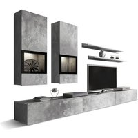 Wohnzimmerwand-Set RAMOS – Betonoptik Grau – Integrierte Multicolor-LEDs – TV-Möbel + Vitrinen + Regale von MEUBLORAMA