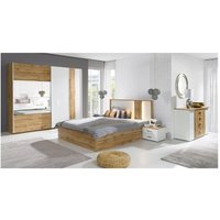 Meublorama - Zimmer wood in Eichen- und Weißfarben mit LED-Bett mit Stauraum, Kommode, Nachttischen und Kleiderschrank von MEUBLORAMA