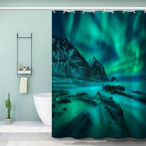 MEVASA Aurora Duschvorhang 200x200 Moderne Mode Duschvorhänge Romantisches Polarlicht Bad Vorhäng 3D Druck Polyester Anti Schimmel Duschvorhang Badewanne Waschbar von MEVASA