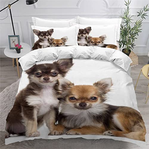 MEVASA Bettwäsche 135x200 Chihuahua-Hund Bettwäsche-Set 3 Teilig 3D-Druck Welpe Tier Weiß Bettbezug 135x200 mit Reißverschluss Weiche Mikrofaser Kinderbettwäsche mit 2 Kissenbezug von MEVASA