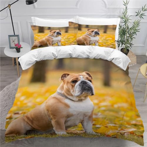 MEVASA Bettwäsche 135x200 Englische Bulldogge Bettwäsche-Set 3 Teilig 3D-Druck Herbstwald Hund Bettbezug 135x200 mit Reißverschluss Weiche Mikrofaser Kinderbettwäsche mit 2 Kissenbezug von MEVASA