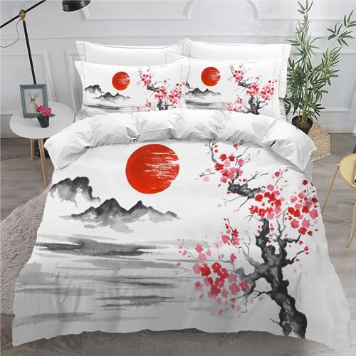 MEVASA Bettwäsche 135x200 Japanischer Stil Bettwäsche-Set 3 Teilig 3D-Druck Japanische Kirschblüten Rote Sonne Bettbezug 135x200 mit Reißverschluss Weiche Mikrofaser Kinderbettwäsche mit 2 Kissenbezug von MEVASA