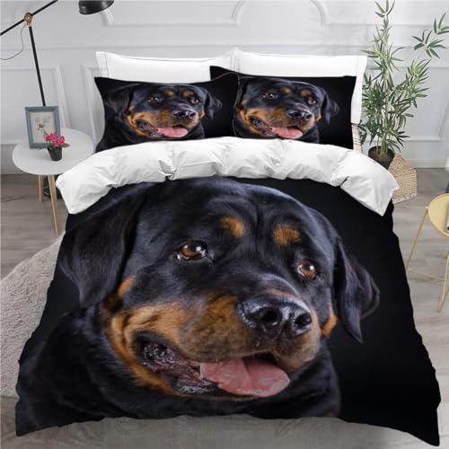 MEVASA Bettwäsche 135x200 Rottweiler Bettwäsche-Set 3 Teilig 3D-Druck Tier Hund Schwarz Bettbezug 135x200 mit Reißverschluss Weiche Mikrofaser Kinderbettwäsche mit 2 Kissenbezug von MEVASA