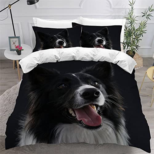 MEVASA Bettwäsche 200x200 Teenager Jugendliche Border Collie Bettbezug Set 3D Druck Süßer Welpe Schwarz Bettwäsche 3-TLG Mikrofaser Bettbezüge mit 2 Kissenbezug 80 x80 cm von MEVASA