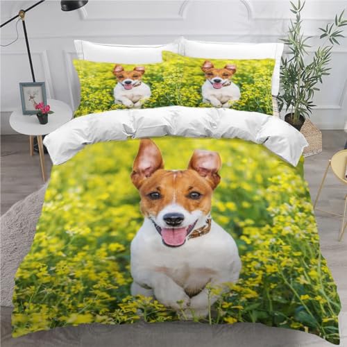 MEVASA Bettwäsche 200x200 Teenager Jugendliche Jack Russell Terrier Bettbezug Set 3D Druck Süßer Welpe Bettwäsche 3-TLG Mikrofaser Bettbezüge mit 2 Kissenbezug 80 x80 cm von MEVASA