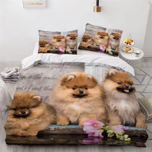 MEVASA Bettwäsche 200x200 Teenager Jugendliche Pommern Bettbezug Set 3D Druck Flauschiger Welpe Bettwäsche 3-TLG Mikrofaser Bettbezüge mit 2 Kissenbezug 80 x80 cm von MEVASA