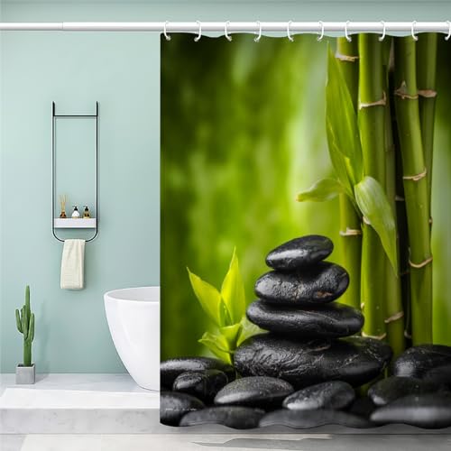 MEVASA Duschvorhang 120x180 Zen-Steine Bambusblätter 3D Bambus Grün Anti-schimmel Wasserdicht Badvorhang mit 12 Ringen von MEVASA