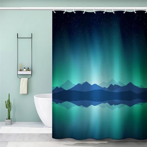 MEVASA Duschvorhang 180x180 3D Lustig Duschvorhang Aurora Shower Curtain with 12 Ring Blaue Aurora Duschvorhang fuir Badewanne Schwer Stoff Polyester Anti-schimmel von MEVASA