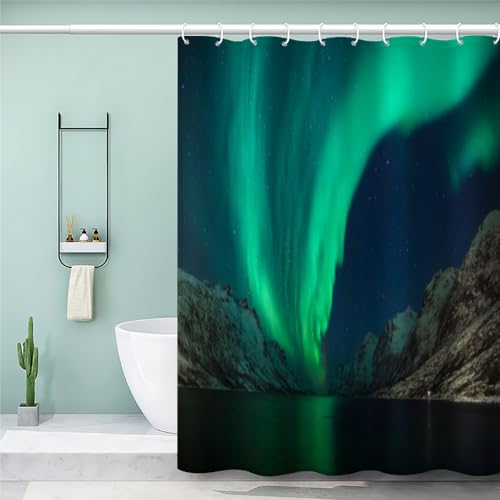 MEVASA Duschvorhang 180x180 3D Lustig Duschvorhang Aurora Shower Curtain with 12 Ring Romantisches Polarlicht Duschvorhang fuir Badewanne Schwer Stoff Polyester Anti-schimmel von MEVASA