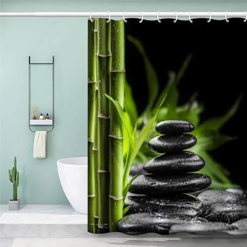 MEVASA Duschvorhang 180x200 Bambus Duschvorhang mit 12 Ring 3D Motiv Wasserdicht Duschvorhang Textil Zen-Steine Bambusblätter Badezimmer Vorhänge Hohe Qualität von MEVASA