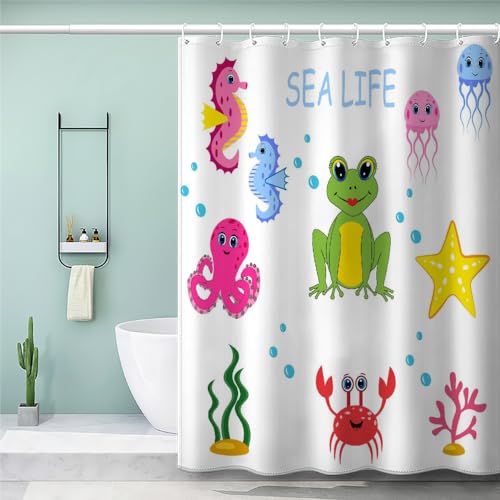 MEVASA Duschvorhang 180x200 Frosch Cartoon Duschvorhang mit 12 Ring 3D Motiv Wasserdicht Duschvorhang Textil Oktopus Seestern Badezimmer Vorhänge Hohe Qualität von MEVASA