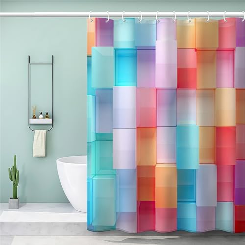 MEVASA Duschvorhang 180x200 Geometrie Duschvorhang mit 12 Ring 3D Motiv Wasserdicht Duschvorhang Textil Bunt Kariert Badezimmer Vorhänge Hohe Qualität von MEVASA