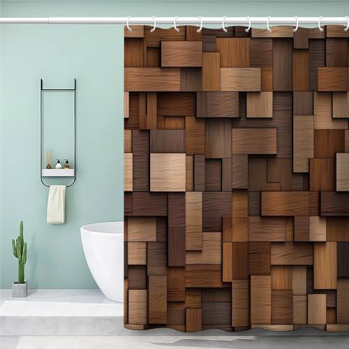 MEVASA Duschvorhang 180x200 Geometrie Duschvorhang mit 12 Ring 3D Motiv Wasserdicht Duschvorhang Textil Holzstruktur Badezimmer Vorhänge Hohe Qualität von MEVASA