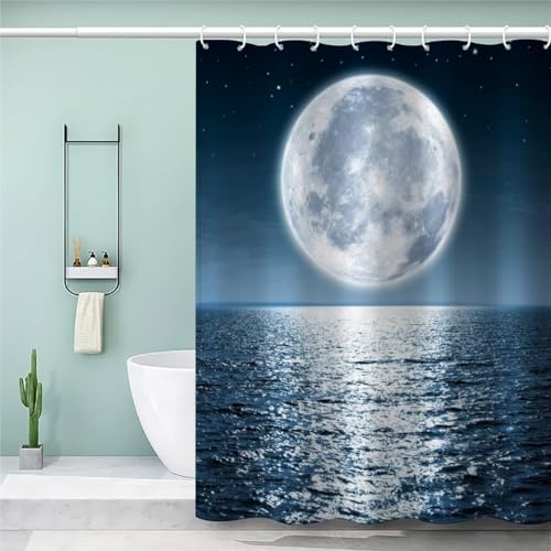 MEVASA Duschvorhang 180x200 Mond Duschvorhang mit 12 Ring 3D Motiv Wasserdicht Duschvorhang Textil Meer Badezimmer Vorhänge Hohe Qualität von MEVASA