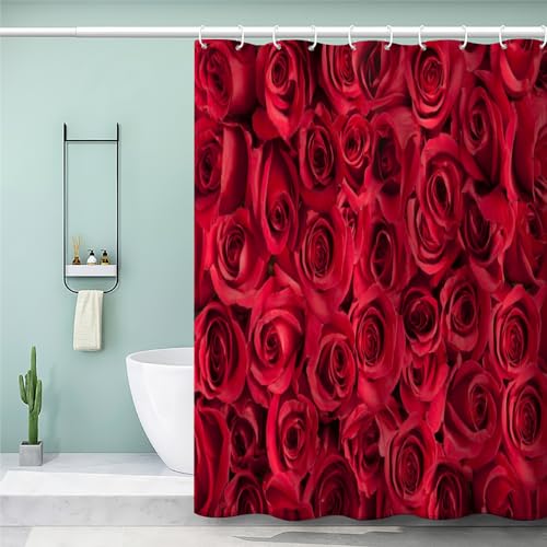 MEVASA Duschvorhang 180x200 Rosen Duschvorhang mit 12 Ring 3D Motiv Wasserdicht Duschvorhang Textil Rote Blume Badezimmer Vorhänge Hohe Qualität von MEVASA