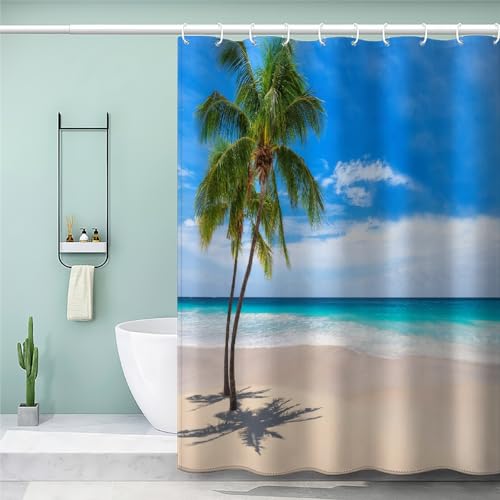 MEVASA Duschvorhang 180x200 Sommerküste Duschvorhang mit 12 Ring 3D Motiv Wasserdicht Duschvorhang Textil Palme Badezimmer Vorhänge Hohe Qualität von MEVASA
