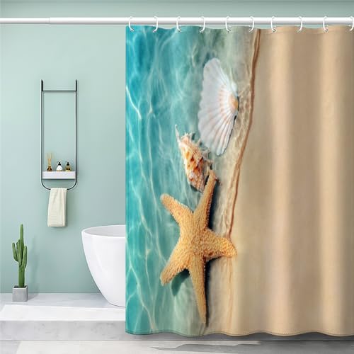 MEVASA Duschvorhang 180x200 Strandmuscheln Duschvorhang mit 12 Ring 3D Motiv Wasserdicht Duschvorhang Textil Seestern Badezimmer Vorhänge Hohe Qualität von MEVASA