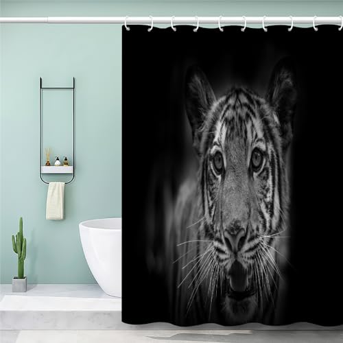 MEVASA Duschvorhang 240x200 Anti Schimmel Lang Duschvorhang Tiger Schwarz Tier Tiger Duschvorhang Set mit 12 Ringe Extra Breit Duschvorhang Wasserdicht Waschbar von MEVASA