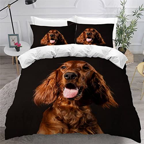 MEVASA Kinder Bettwäsche Irish Setter Hund Tier Schwarz Bettwäsche 155x220 Mädchen Junge Hypoallergen Flauschige Bettwäsche Set 3 Stück Mikrofaser Kinder Bettbezug mit Reißverschluss von MEVASA