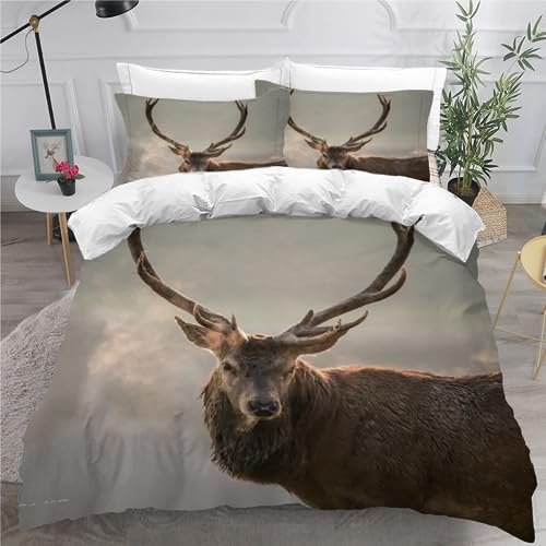 MEVASA REH Bettwäsche 220x240 3D Motiv Flauschige Bettbezug Tierwelt Grau Qualität Luxus Atmungsaktiv Allergiker Mikrofaser Betten Set 3 Teilig mit Reißverschluss von MEVASA