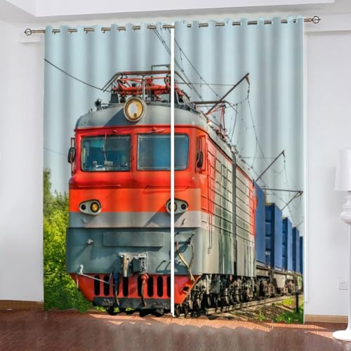 MEVASA Vorhänge Form Zug Retro Vorhang Verdunkelungsvorhang 2 Stück Blickdicht Ösenvorhang Wohnzimmer Beere Glas 3D Motiv Polyester Vorhang Höhe 200 x Breite 200 cm x B 200 cm von MEVASA