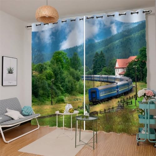MEVASA Vorhänge Form Zug Retro Vorhang Verdunkelungsvorhang 2 Stück Blickdicht Ösenvorhang Wohnzimmer Beere Glas 3D Motiv Polyester Vorhang Höhe 200 x Breite 200 cm x B 200 cm von MEVASA