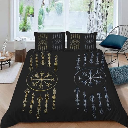 MEVASA Wikinger Bettwäsche 220x240 3D Motiv Flauschige Bettbezug Schwarz Qualität Luxus Atmungsaktiv Allergiker Mikrofaser Betten Set 3 Teilig mit Reißverschluss von MEVASA