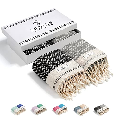MEVLYS Strandtuch Hamamtuch [2er Pack] Saunatuch Saunahandtuch Badetuch Duschtuch Strandhandtuch Picknickdecke Yogatuch Baumwolle Extra Leicht Damen&Herren (Schwarz/Pastellgrau) von MEVLYS TURKISH COTTON