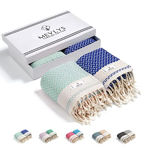 MEVLYS Saunatuch Hamamtuch [2er Pack] Saunahandtuch Strandtuch Badetuch Duschtuch Strandhandtuch Picknickdecke%100 Baumwolle Extra Leicht Damen&Herren (Mint/Sax Blau) von MEVLYS TURKISH COTTON