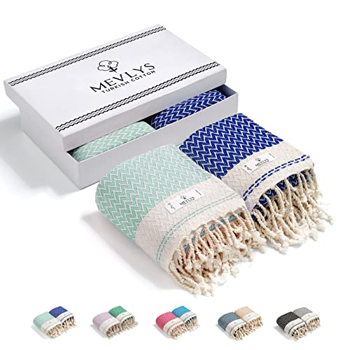 MEVLYS Strandtuch Hamamtuch [2er Pack] Saunatuch Saunahandtuch Badetuch Duschtuch Strandhandtuch Picknickdecke Yogatuch Baumwolle Extra Leicht Damen&Herren (Mint/Sax Blau) von MEVLYS TURKISH COTTON