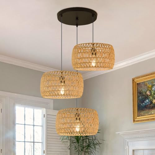 MEVZHH 3-Licht Hängelamwabi-Sabi Hängelamrattan Handgefertigte Webenpenschirm Deckenleuchten Esstisch Kronleuchter, E27/26 Höhenverstellbare Japanische Esszimmer Wohnzimmer Küche/C von MEVZHH