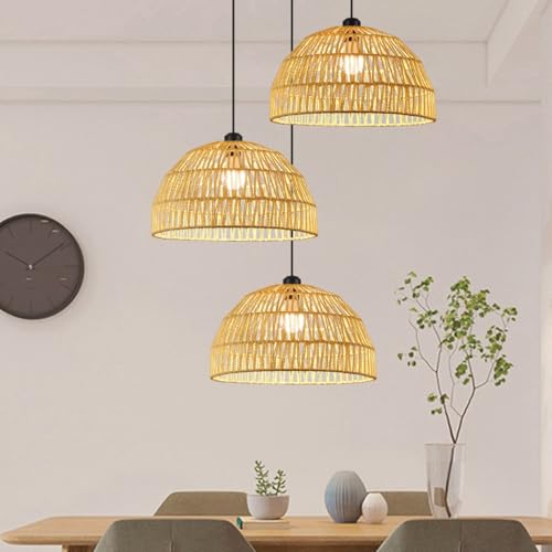 MEVZHH 3-Licht Hängelamwabi-Sabi Hängelamrattan Handgefertigte Webenpenschirm Deckenleuchten Esstisch Kronleuchter, E27/26 Höhenverstellbare Japanische Esszimmer Wohnzimmer Küche/Ein von MEVZHH