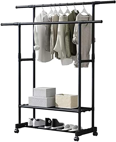 MEVZHH Kleiduschiene Kleidungshalter Heavy Duty Kleidukleidungshalter Mit Regalen, Doppelpol Verstellbarer Mantelhalter Wohnzimmer Schuhe Regal Haushalt Multifunktional Trocknungsstand Mit Rädern Klei von MEVZHH