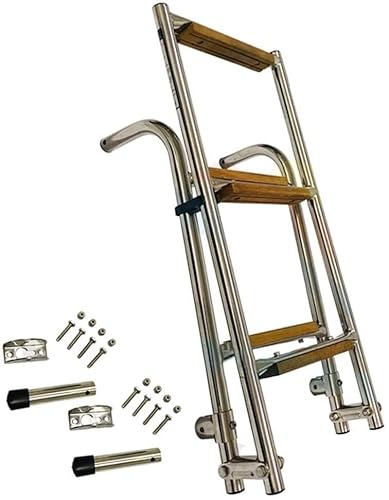 MEVZHH Leitern, Ponton Bootsleiter, Edelsta4-Schritt-Klappladder Mit Holztritten Für Marine Boot, Yacht Schwimmbad von MEVZHH