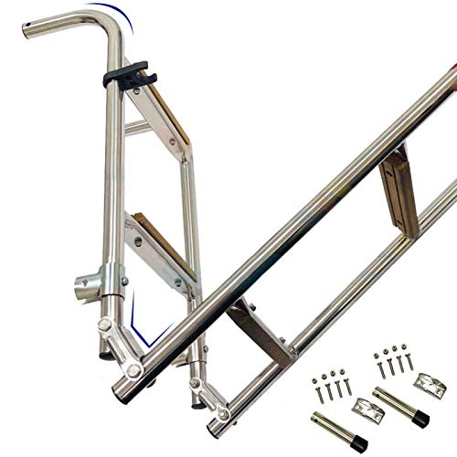 MEVZHH Schwere Schwimmdeck Leiter Schwimmbad Faltbare Heck Bootsleiter, Ponton Boardileitern, 3 Schritt Faltbare Pool Bass Schiff Leiter Mit Holzpedalen, Für Hinteren Eininboard Montiert von MEVZHH