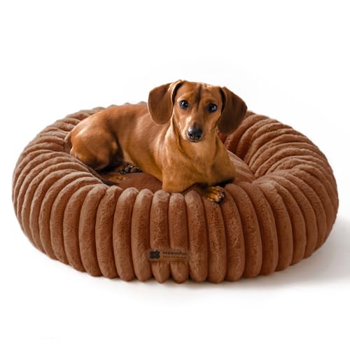 MEWOOFUN Hunde-Donut-Betten für kleine Hunde, beruhigendes Hundebett, rundes süßes Welpenbett mit Rutschfester Unterseite, Flauschiges (Braun, 64x64x18cm) von MEWOOFUN