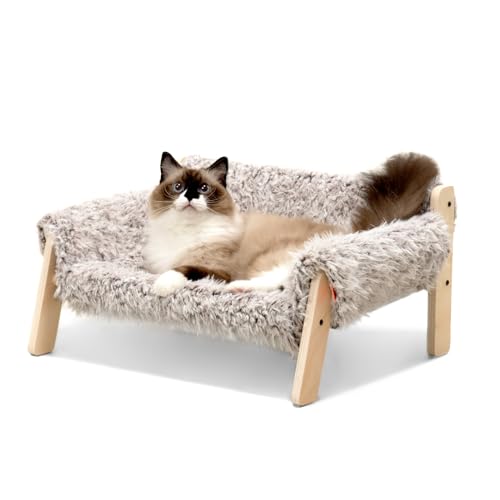 MEWOOFUN Katzen-Couchbett, Haustiersofa für den Innenbereich, Katzen, Holz, Innenbereich, Haustiermöbel, erhöhte Katzenbetten mit abnehmbarem Matratzenbezug, geeignet für Kätzchen, Welpen oder von MEWOOFUN