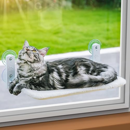 MEWOOFUN Katzen Hängematte Fensterplätze für Katzen 54x30cm Klappbar Katzenbett Fenster mit Stabil Saugnäpfe bis zu 18kg, White von MEWOOFUN