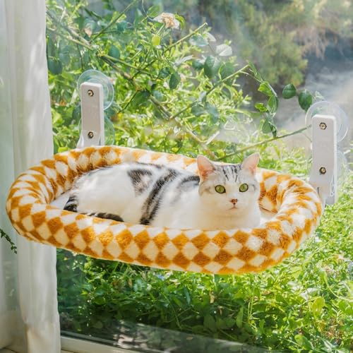 MEWOOFUN Großes Katzen Hängematte Fenster Mit Abnehmbarem Dickem Bezug - Faltbar, Stabil für Katzen, 4 Starke Saugnäpfe, Hält 18kg (Braun, M) von MEWOOFUN